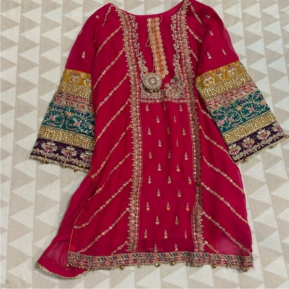 Pakistani designer embellish 3 piece set kurta matching palazzo trousers Dupatta